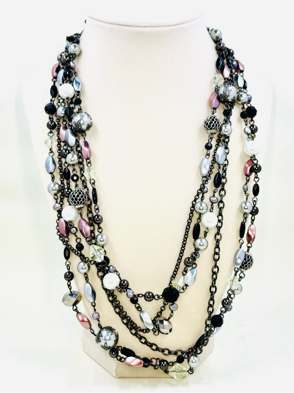 Lia Sophia Multi-Strand Black Chain & Pink Silver & Crystal Beaded Necklace